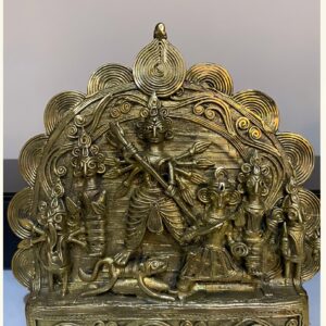 Brass Durga With Family Stabak – Handcrafted Dhokra Art | Mahishasura Mardini | Traditional Indian Tribal Brass Décor