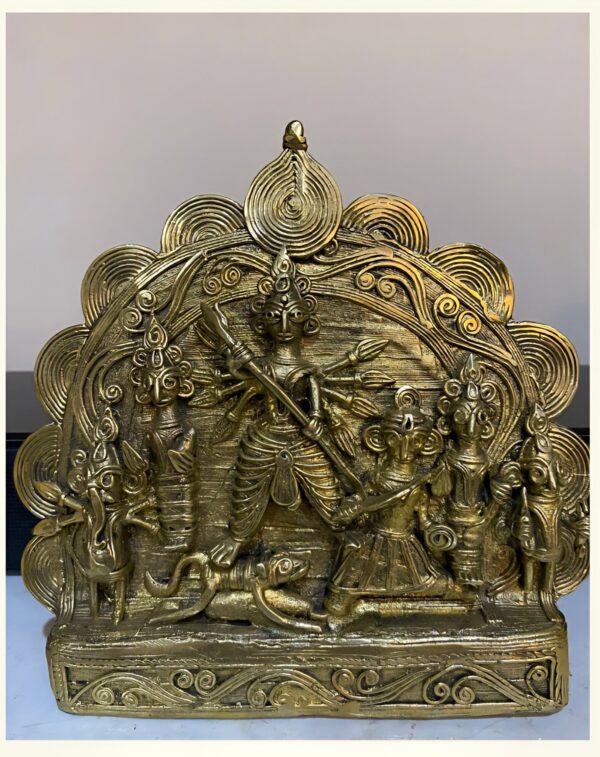 Brass Durga With Family Stabak – Handcrafted Dhokra Art | Mahishasura Mardini | Traditional Indian Tribal Brass Décor