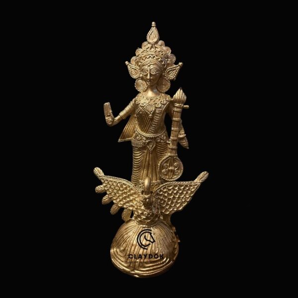 Dhokra Brass Saraswati on Swan – Handcrafted Tribal Idol (9 x 6.3 inches) - Image 2