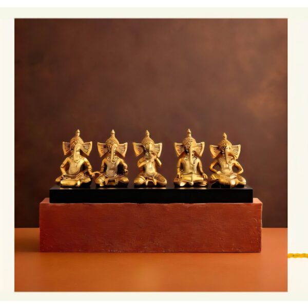 Badok Brass Ganesh Idol Set – Set of 5 (3 x 2.5 Inches Each) | Handcrafted Ganpati Statues for Home Temple, Office Decor, and Spiritual Gifting